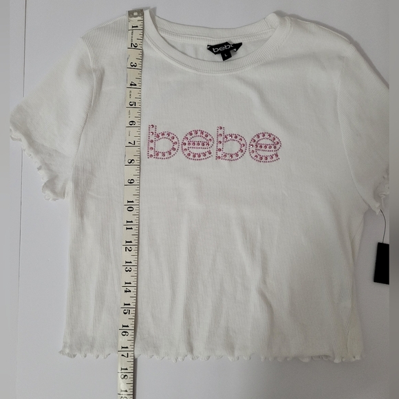 Bebe White Y2K It Girl Short Sleeve Tee with Pink Rhinestone Embellishments - Picture 6 of 7